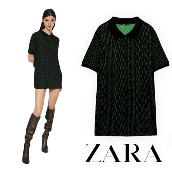 ZARA | Black & Green | JACQUARD POLO SHIRT - Picture 1 of 7